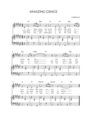 AMAZING GRACE - for piano and soprano in F# major with chords