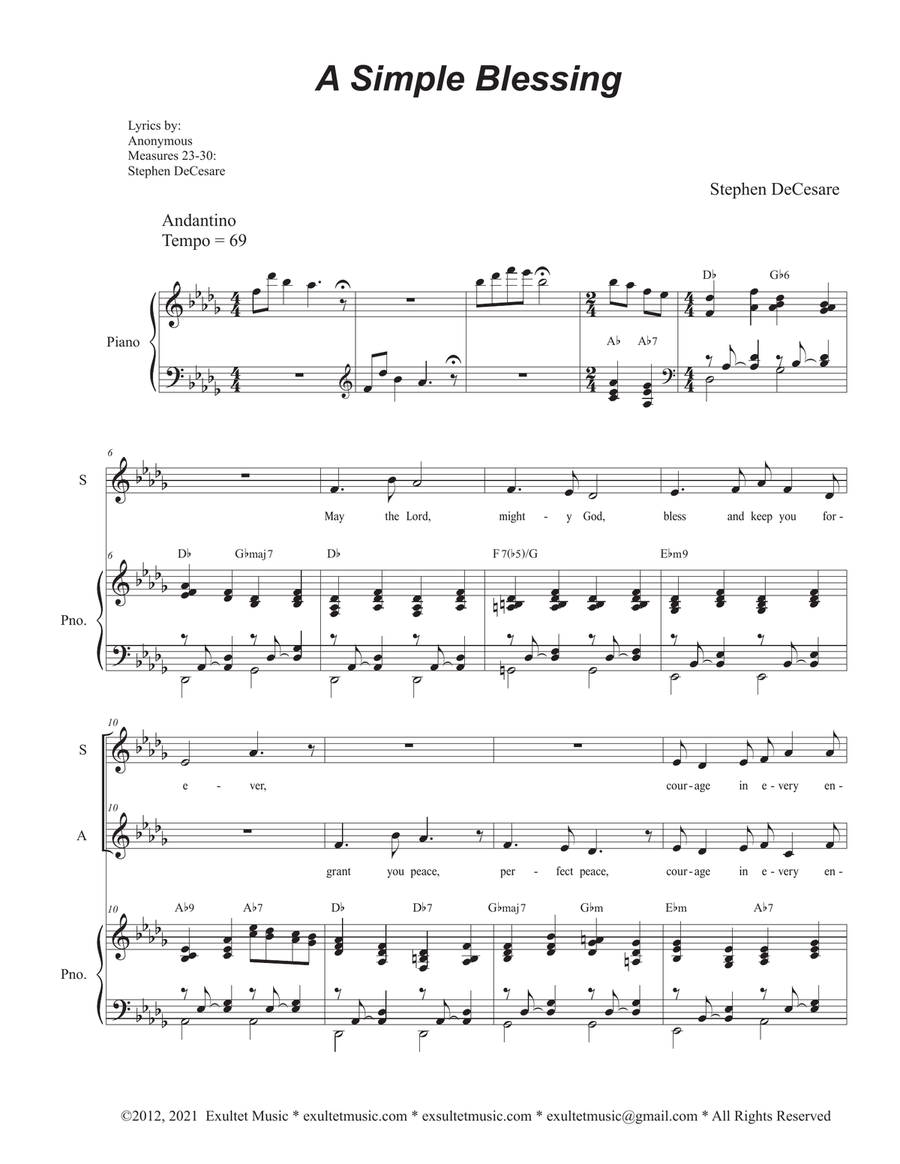 A Simple Blessing (Duet for Soprano and Alto solo) Alto Voice scores gallery preview page 1