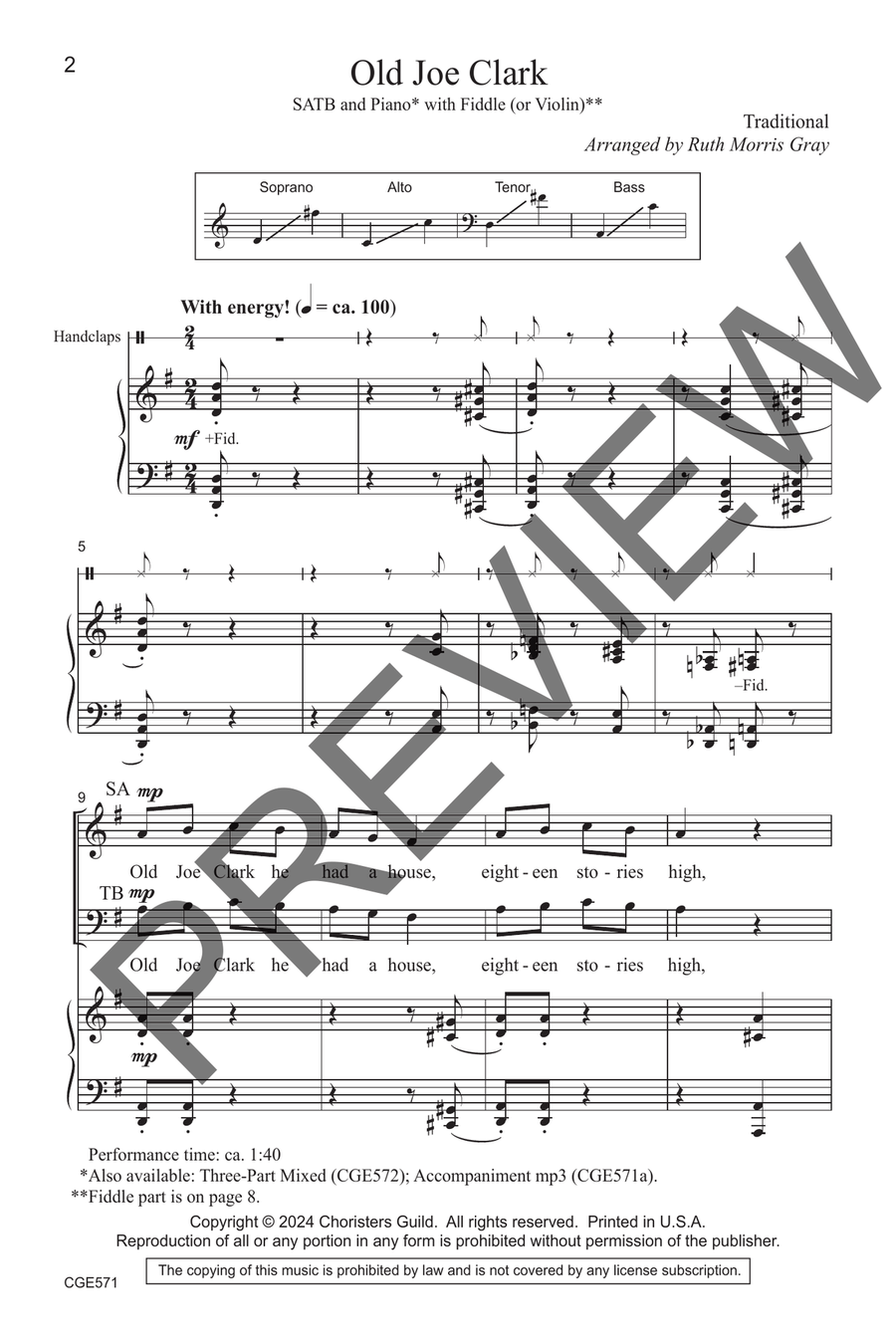 Old Joe Clark (SATB) 4-Part scores gallery preview page 3