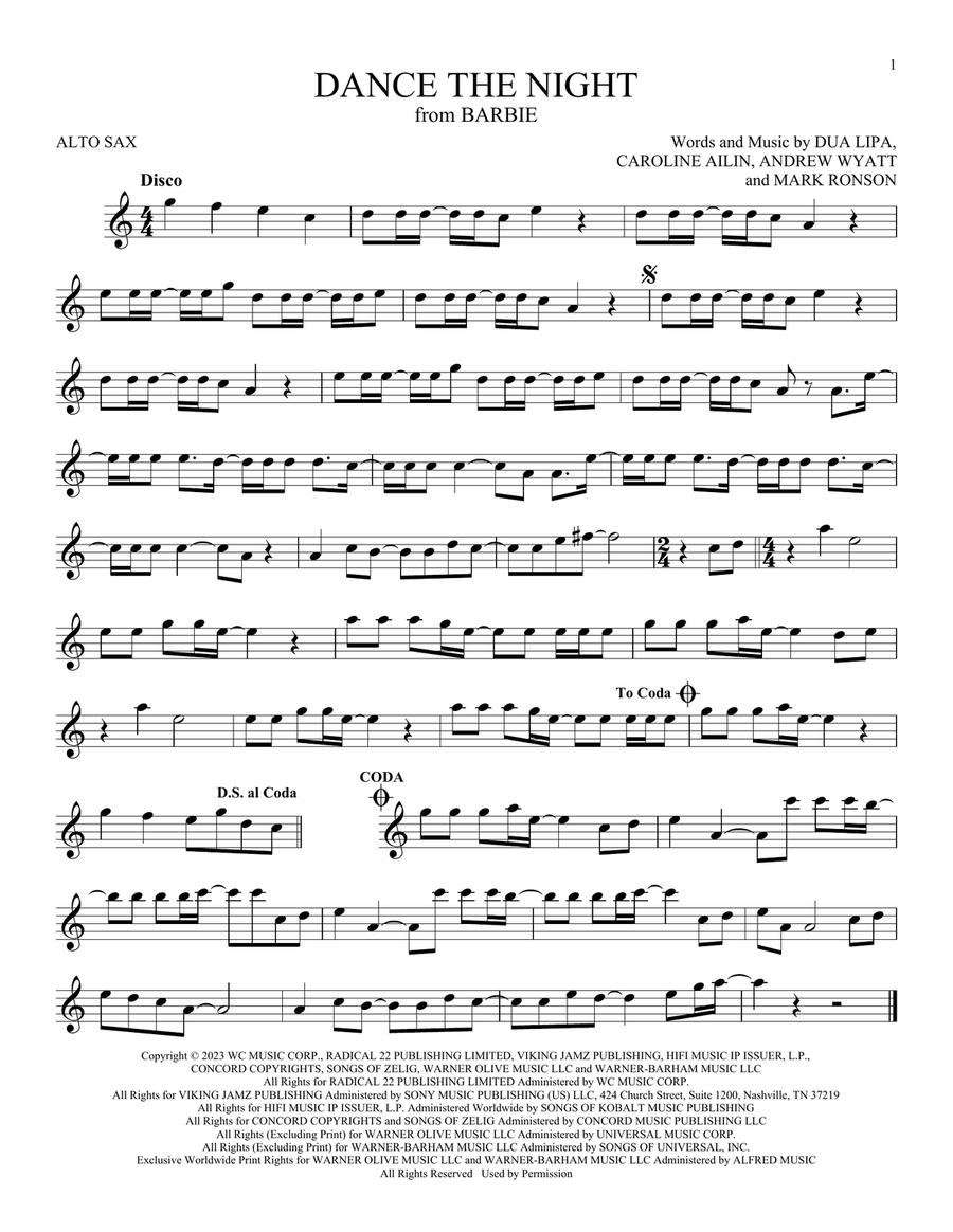Dance The Night (from Barbie) by Dua Lipa Alto Saxophone - Digital Sheet Music