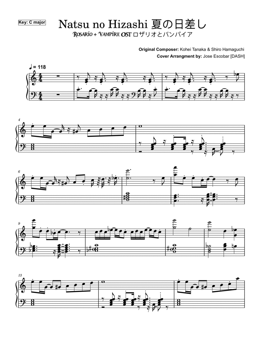 Natsu no Hizashi 夏の日差し - Rosario + Vampire OST ロザリオとバンパイア Piano Solo scores gallery preview page 1