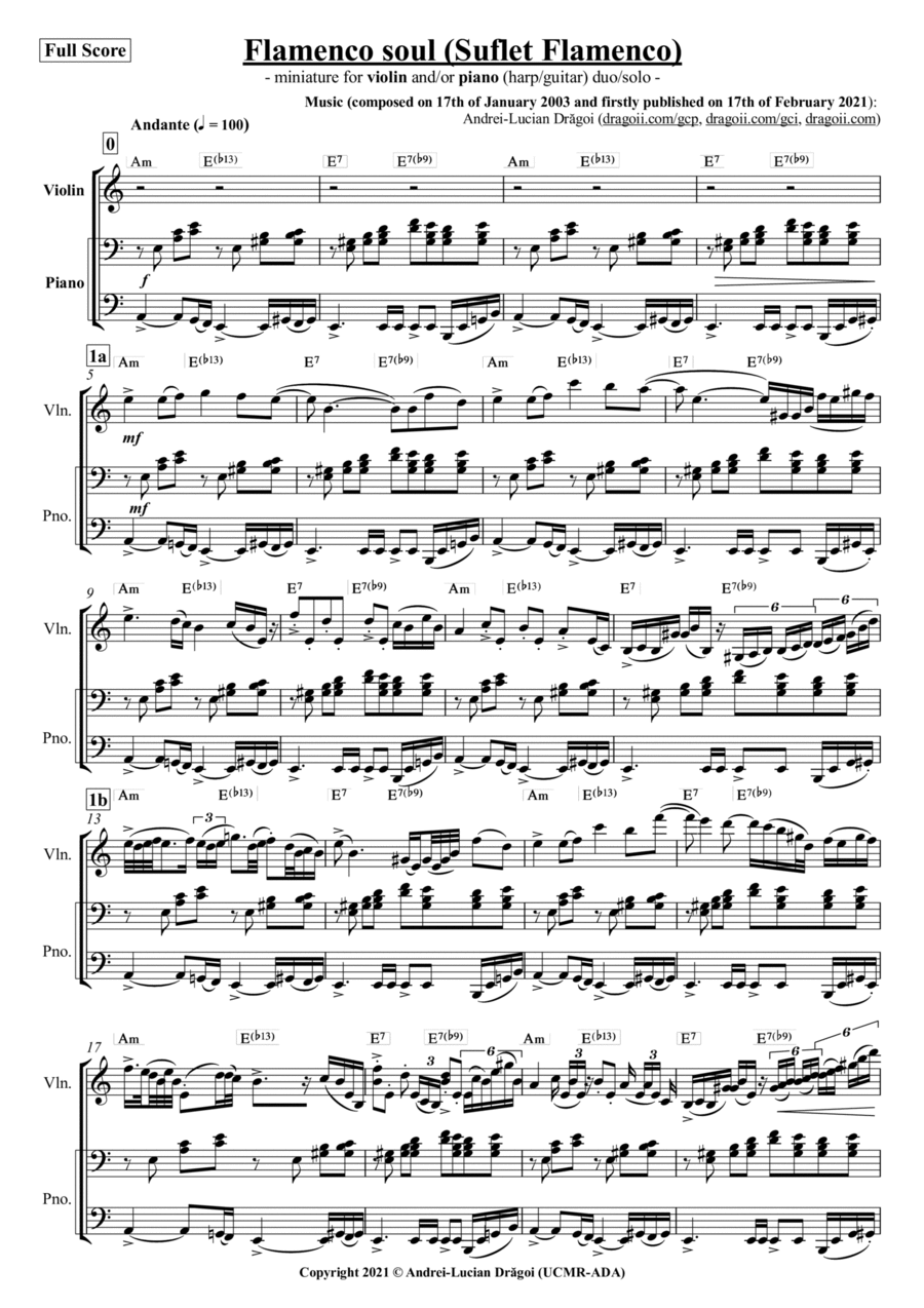 Flamenco soul (Suflet Flamenco) - miniature for violin and/or piano (harp/guitar) duo/solo String Duet scores gallery preview page 1