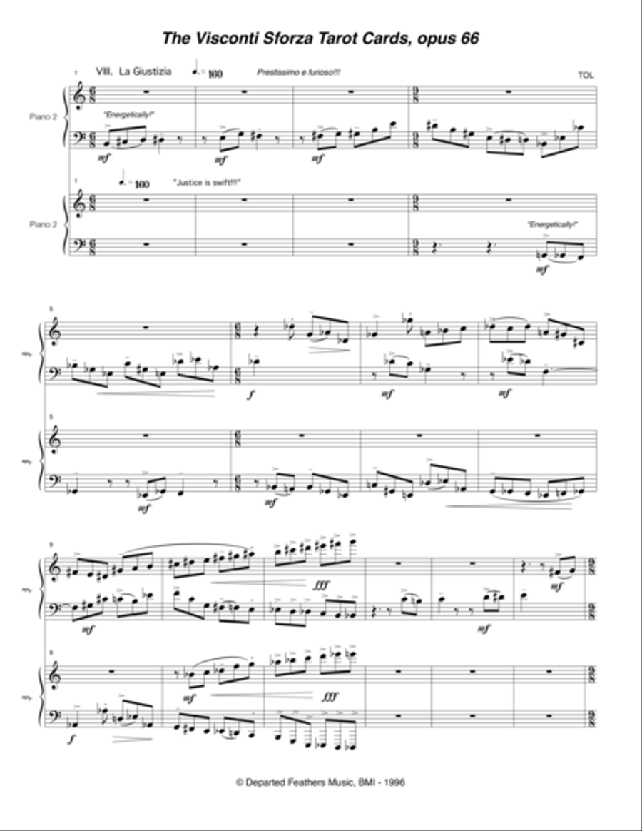 Visconti Sforza Tarot Cards, opus 66 ... Twenty Two Salon Pieces For Two Pianos (1996) 09 La Giustiz 2 Pianos, 4-Hands scores gallery preview page 1