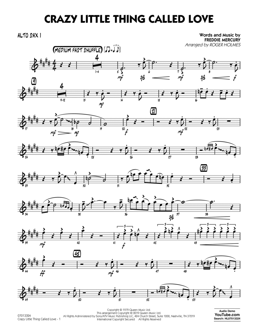 Crazy Little Thing Called Love (arr. Roger Holmes) - Alto Sax 1 Alto Saxophone scores gallery preview page 1