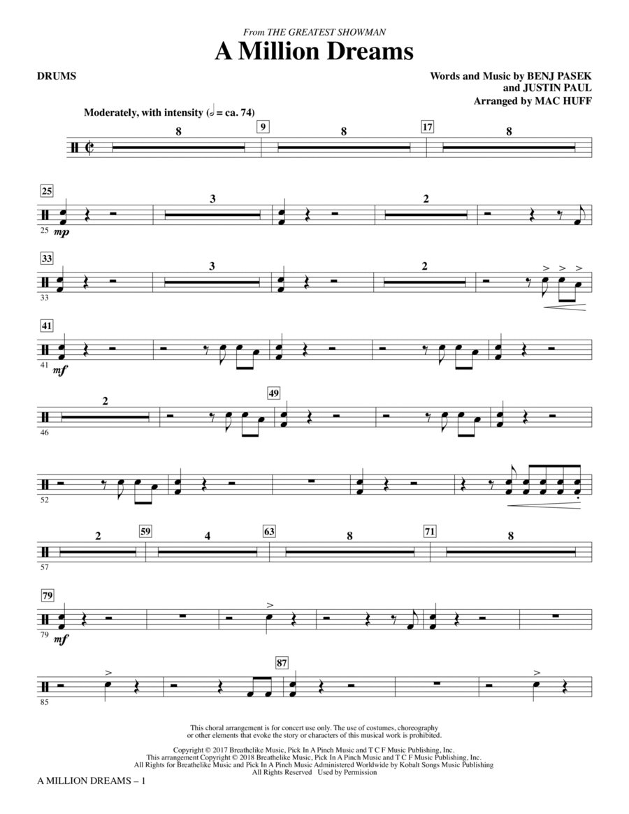 A Million Dreams (from The Greatest Showman) (arr. Mac Huff) - Drums Choir scores gallery preview page 1