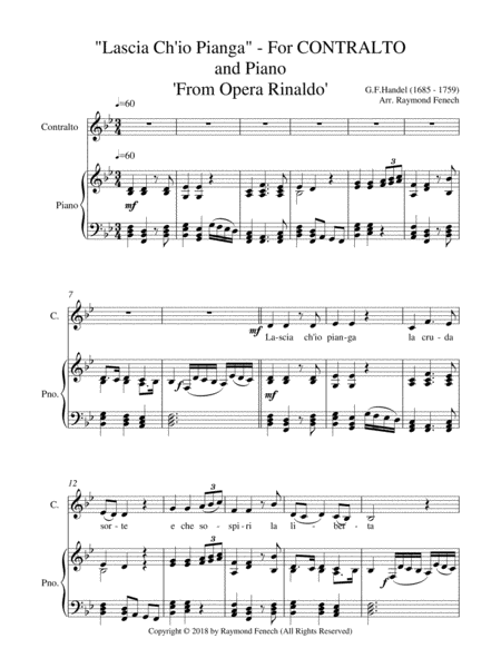 Lascia Ch'io Pianga - From Opera 'Rinaldo' - G.F. Handel ( Contralto Voice and Piano) image number null
