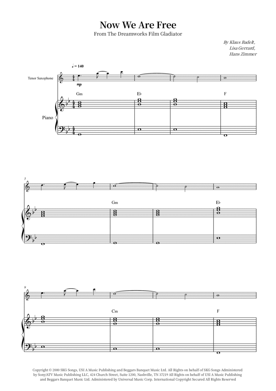 Now We Are Free Tenor Saxophone scores gallery preview page 1