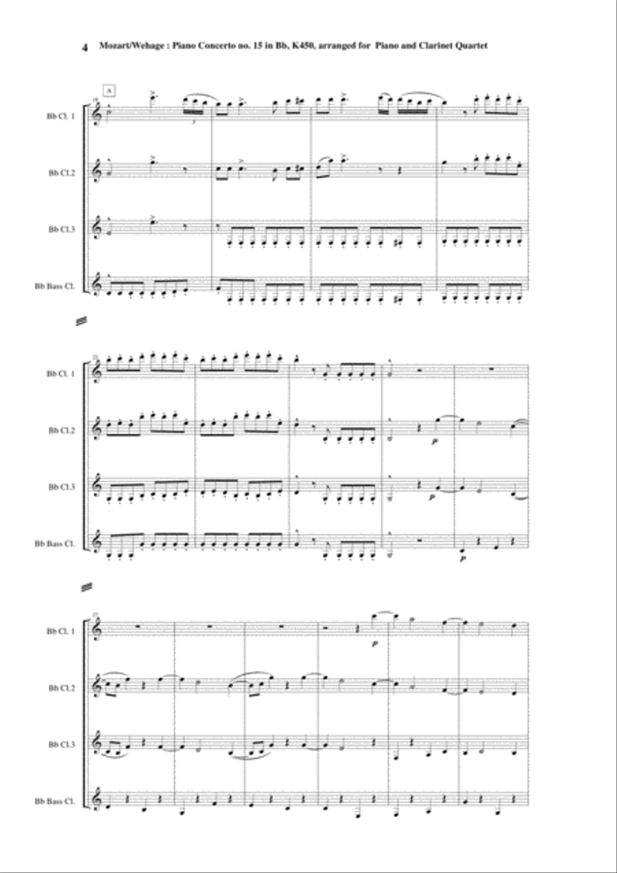 Wolfgang Amadeus Mozart: Piano Concerto no. 15 in Bb K 450, arranged for piano solo and 3 Bb clarin Woodwind Quartet scores gallery preview page 4