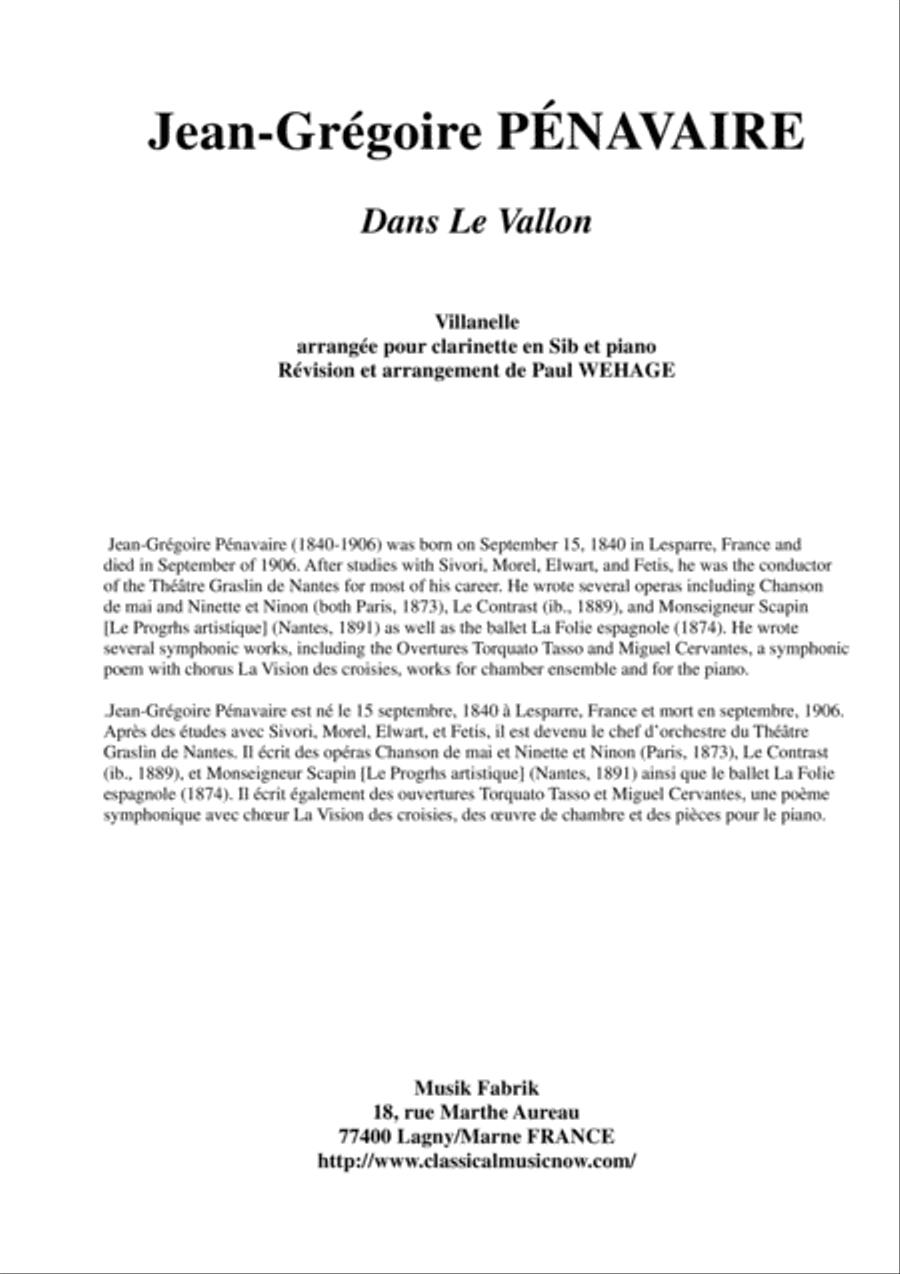 Jean-Grégoire Pénavaire: Dans le Vallon, Villanelle arranged for Bb clarinet and piano