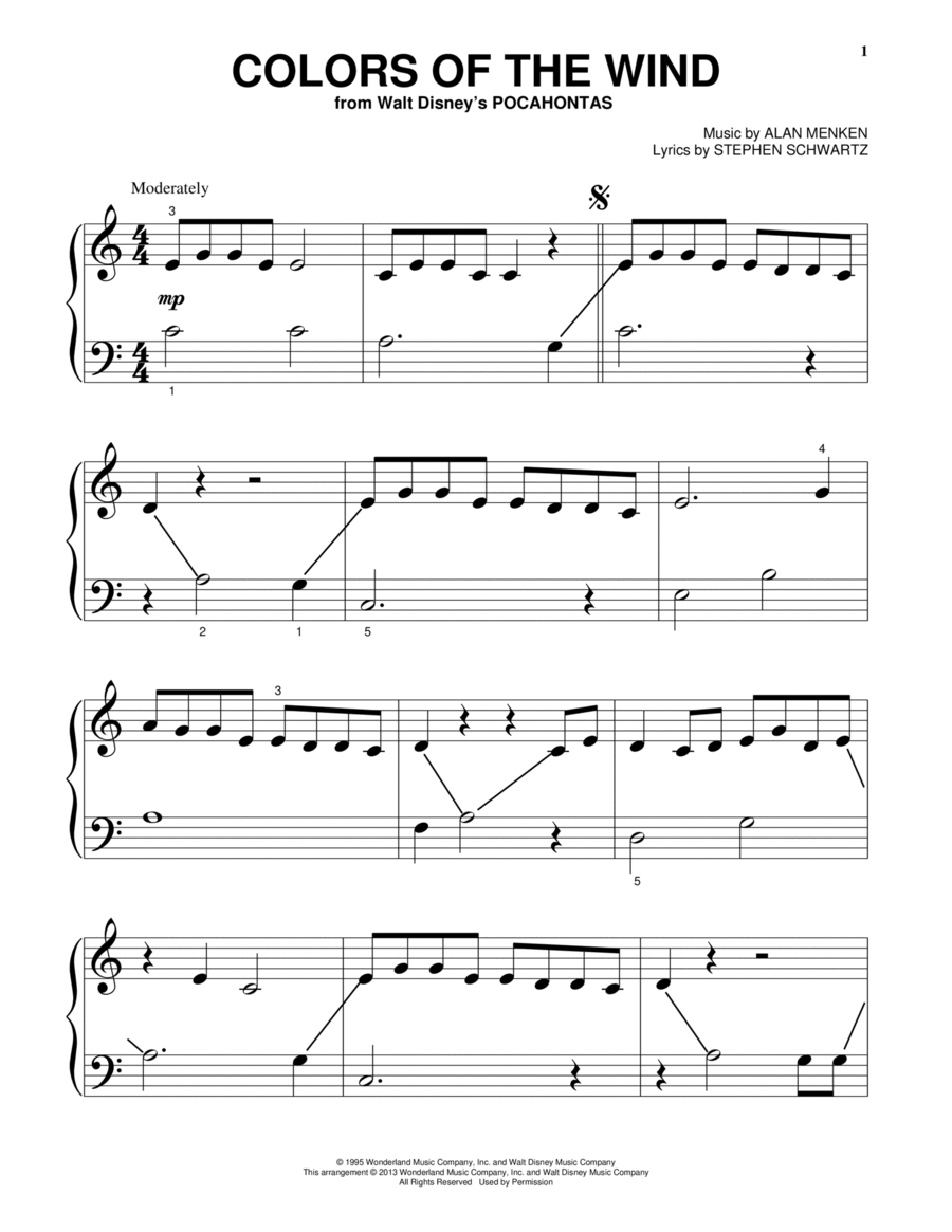 Colors Of The Wind (from Pocahontas) Easy Piano scores gallery preview page 1