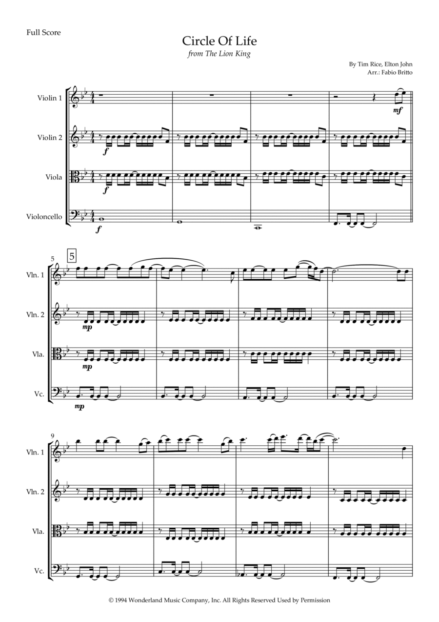 Circle Of Life String Quartet scores gallery preview page 1