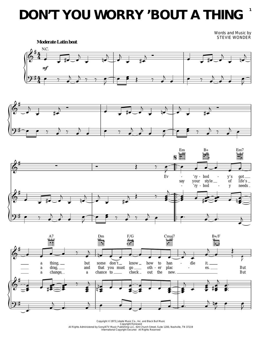 Don't You Worry 'Bout A Thing Piano, Vocal, Guitar scores gallery preview page 1