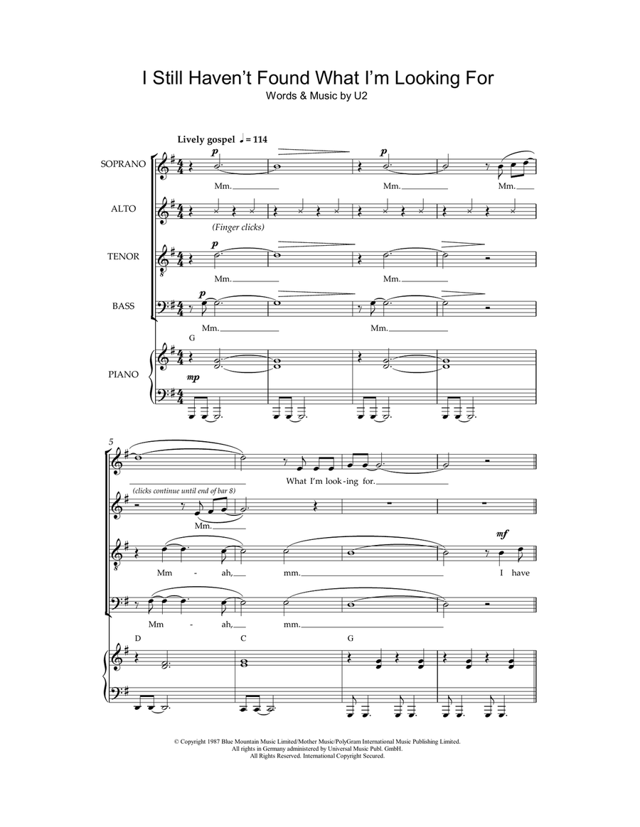I Still Haven't Found What I'm Looking For (arr. Jeremy Birchall) 4-Part scores gallery preview page 1