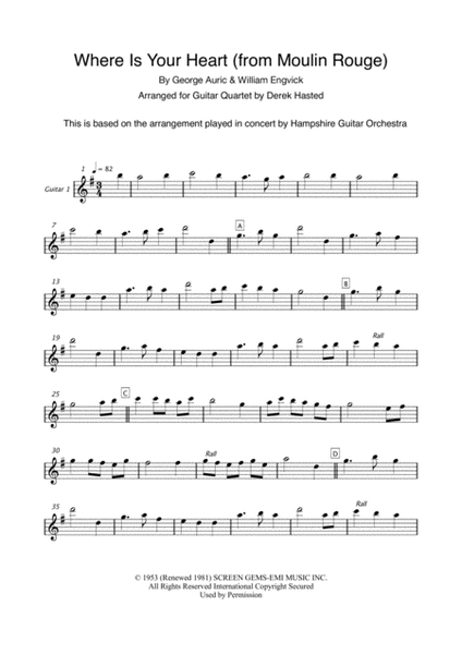 Where Is Your Heart (the Song From Moulin Rouge) by Georges Auric Guitar Ensemble - Digital Sheet Music