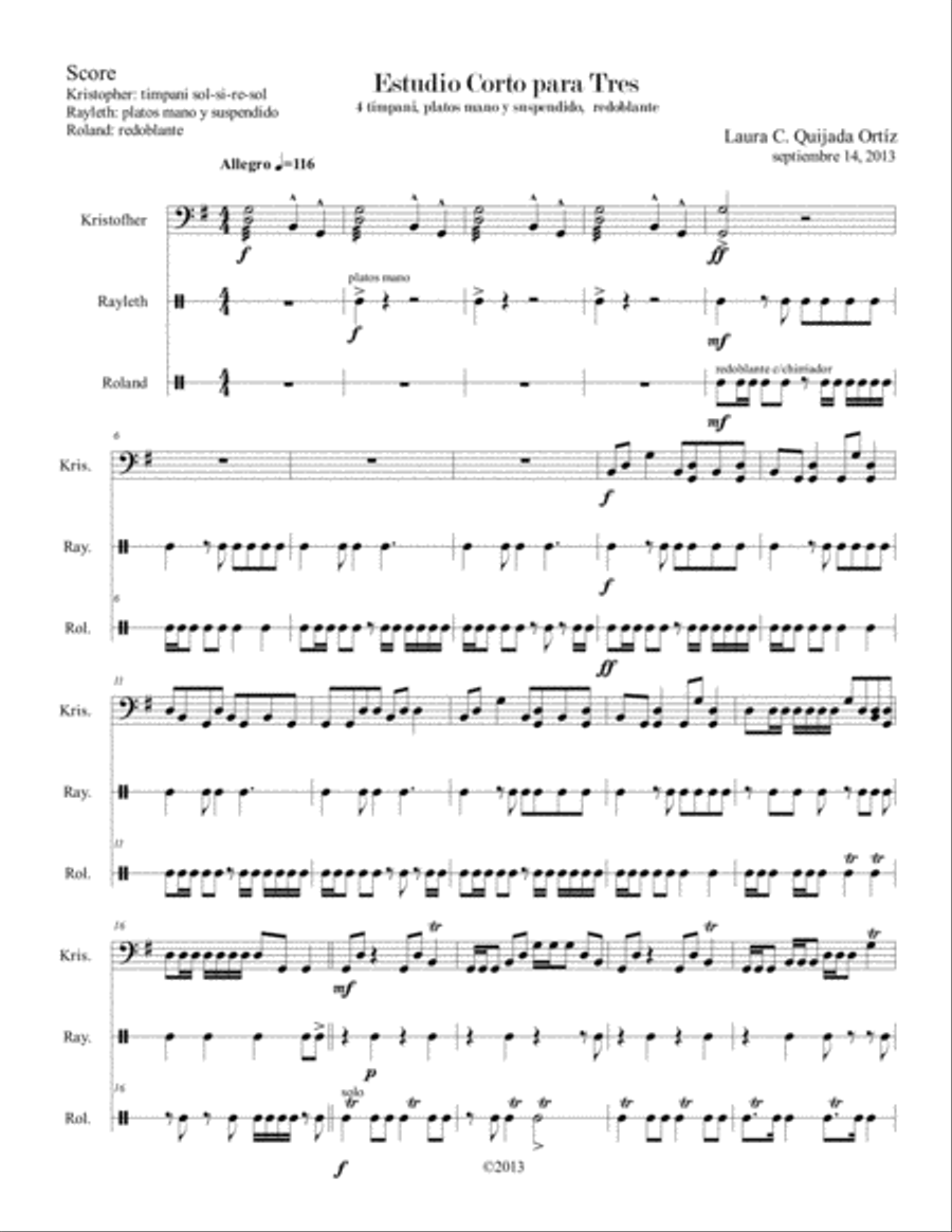 Estudio Corto para Tres -percussion. Score and parts. Small Ensemble scores gallery preview page 1