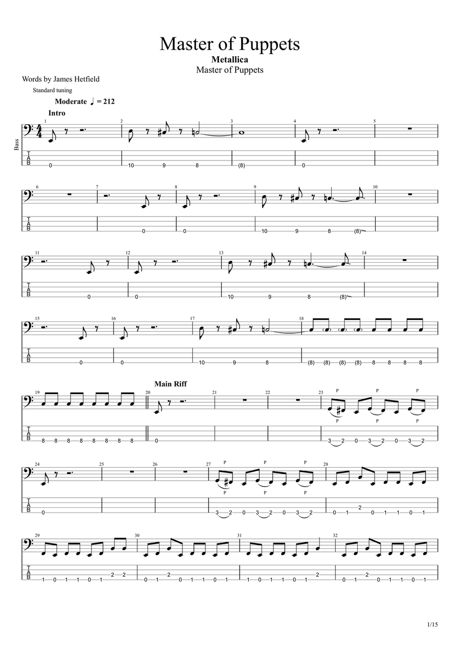 Master Of Puppets Bass Guitar Tablature scores gallery preview page 1