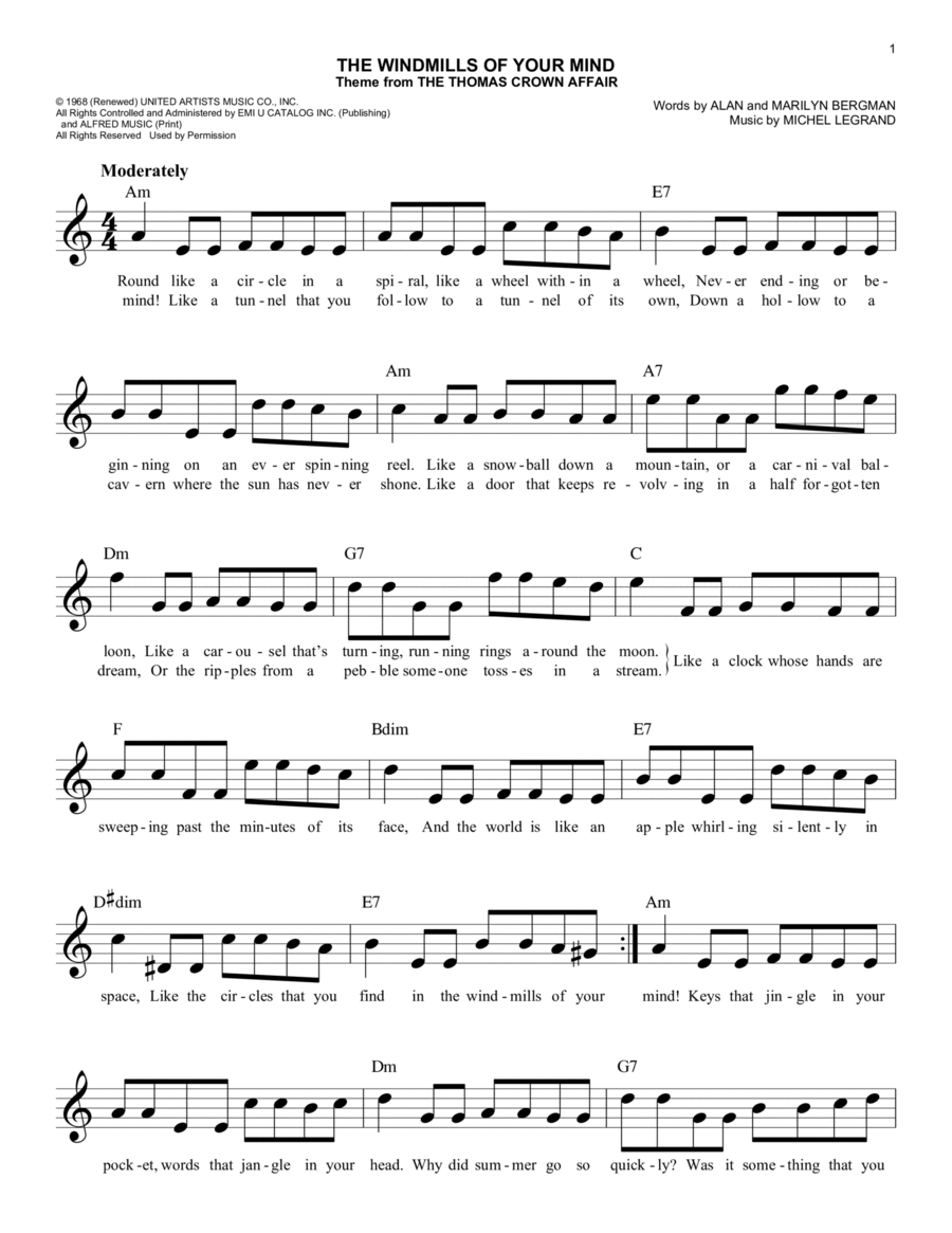 The Windmills Of Your Mind Piano scores gallery preview page 1