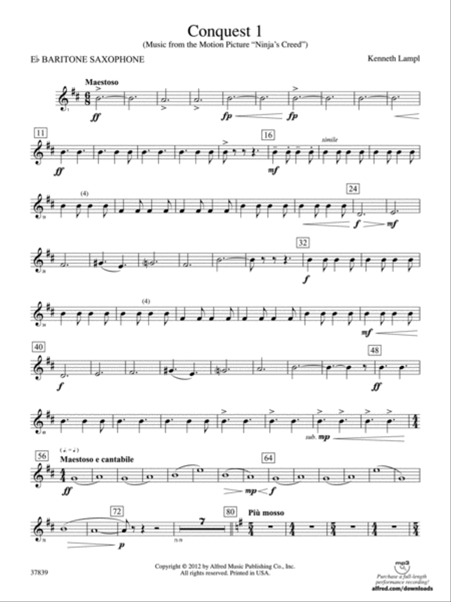Conquest 1 (from the motion picture Ninja's Creed): E-flat Baritone Saxophone Concert Band scores gallery preview page 1