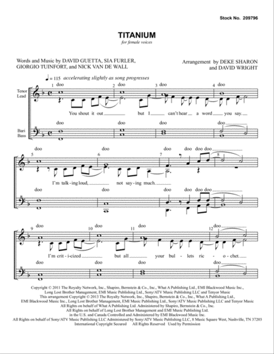 Titanium (feat. Sia) (arr. Deke Sharon, David Wright) SSAA scores gallery preview page 1
