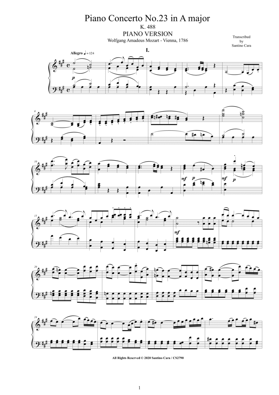 Mozart - Piano Concerto No.23 in A major K 488 - Piano version Piano Solo scores gallery preview page 1