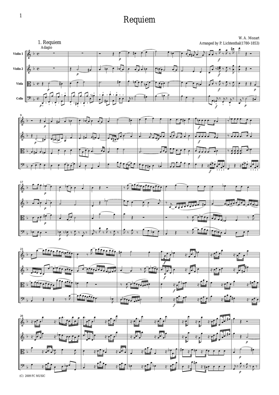 Mozart Requiem K.626 (arranged by Lichtenthal), all mvts., for string quartet, CM020 String Quartet scores gallery preview page 1