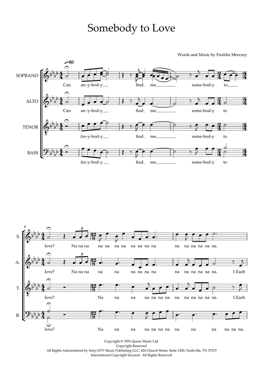 Somebody to Love (arr. Wendy Sergeant) SSATBB scores gallery preview page 1