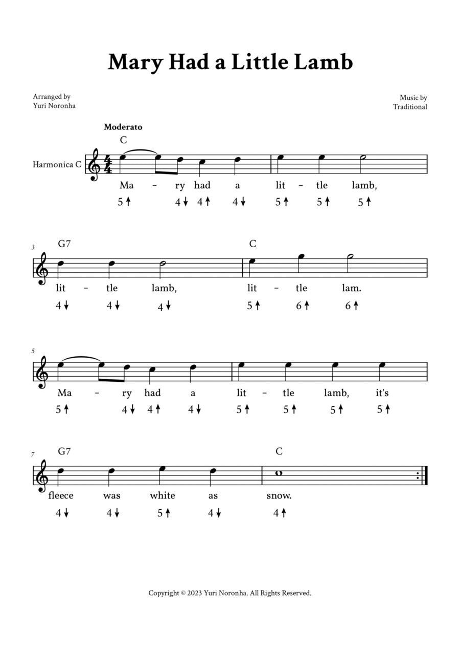Mary Had a Little Lamb - For Harmonica in C (with TAB and Lyrics) Harmonica scores gallery preview page 1