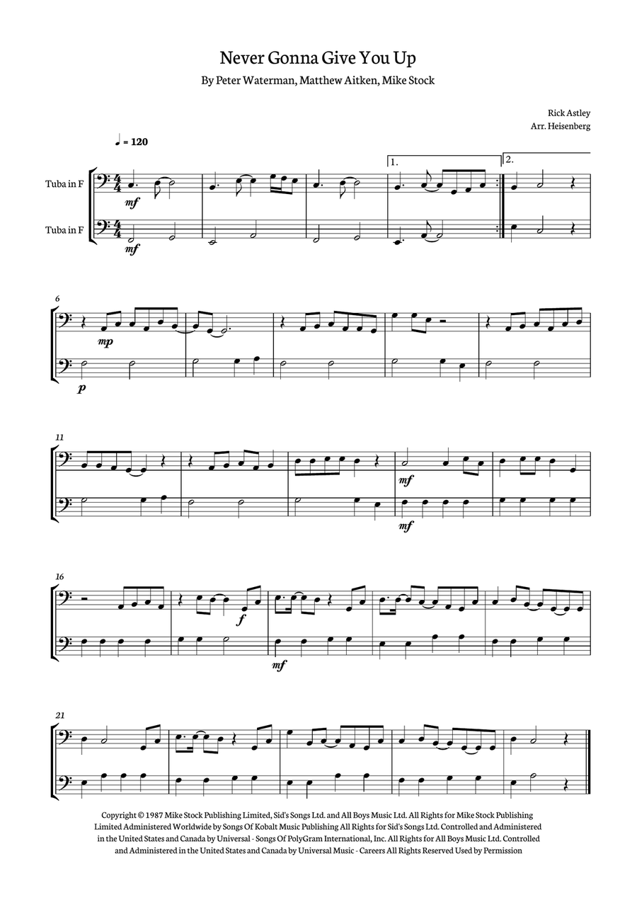 Never Gonna Give You Up Never Gonna Give You Up Brass Duet scores gallery preview page 1