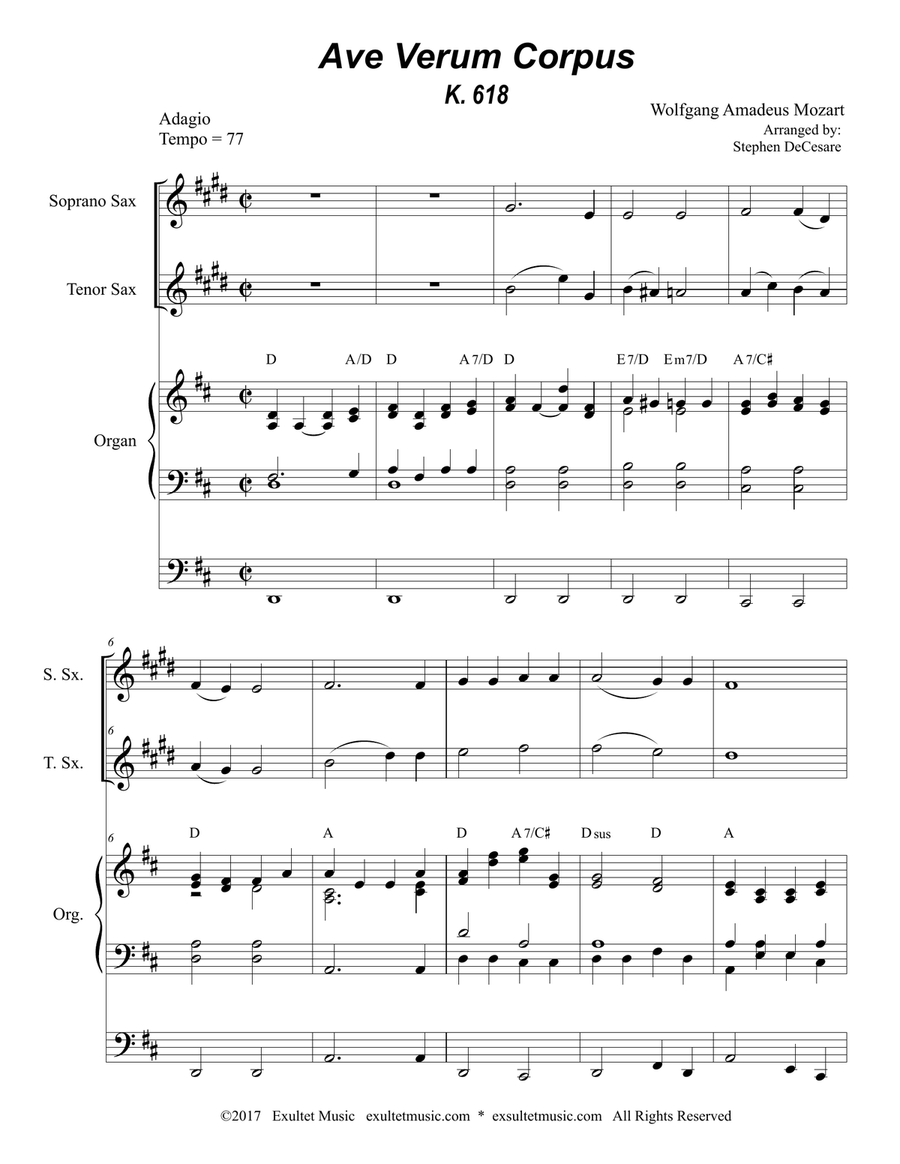Ave Verum Corpus (Duet for Soprano and Tenor Saxophone - Organ Accompaniment) Woodwind Duet scores gallery preview page 1