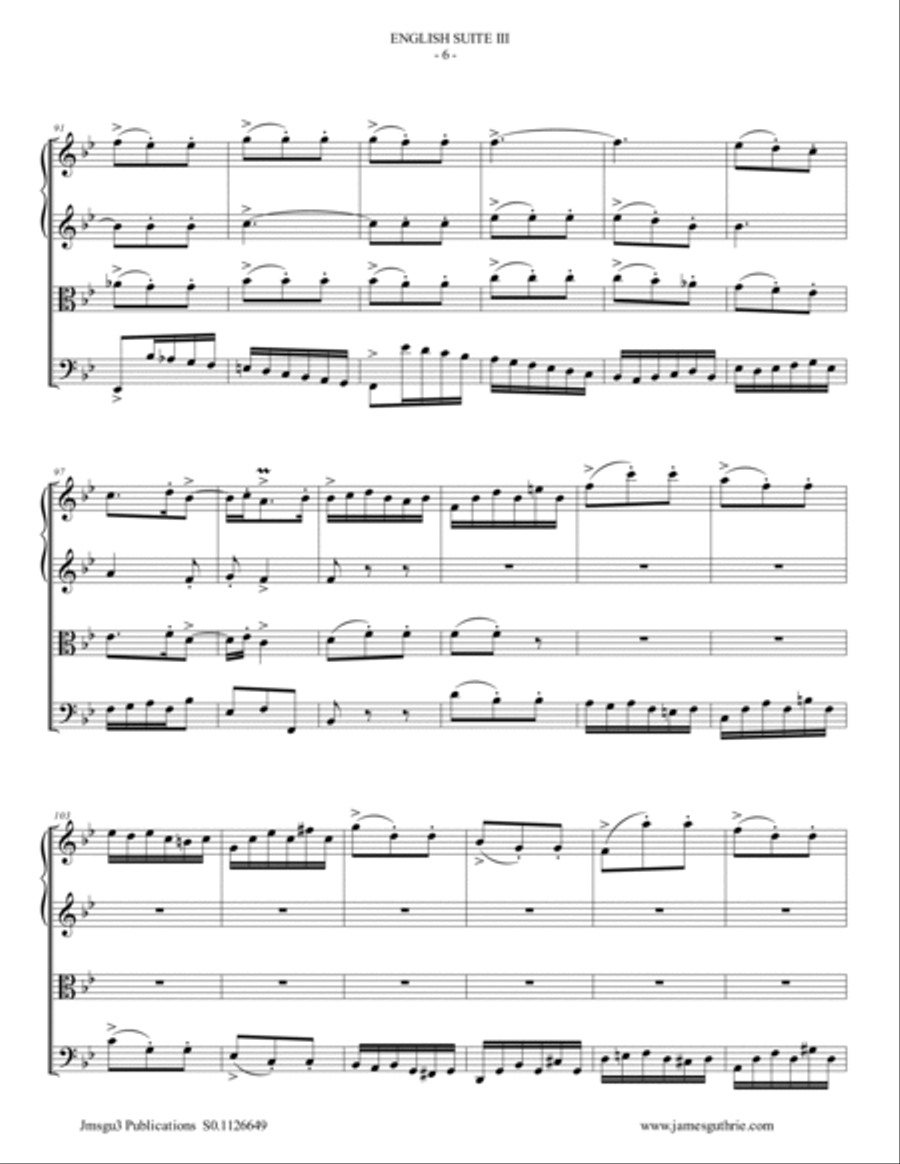 BACH: English Suite No. 3 BWV 808 for String Quartet String Quartet scores gallery preview page 6