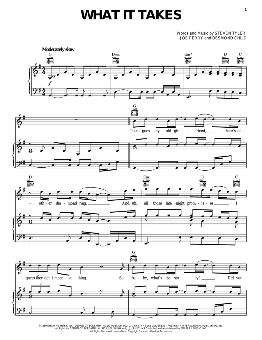 What It Takes Piano, Vocal, Guitar scores gallery preview page 1