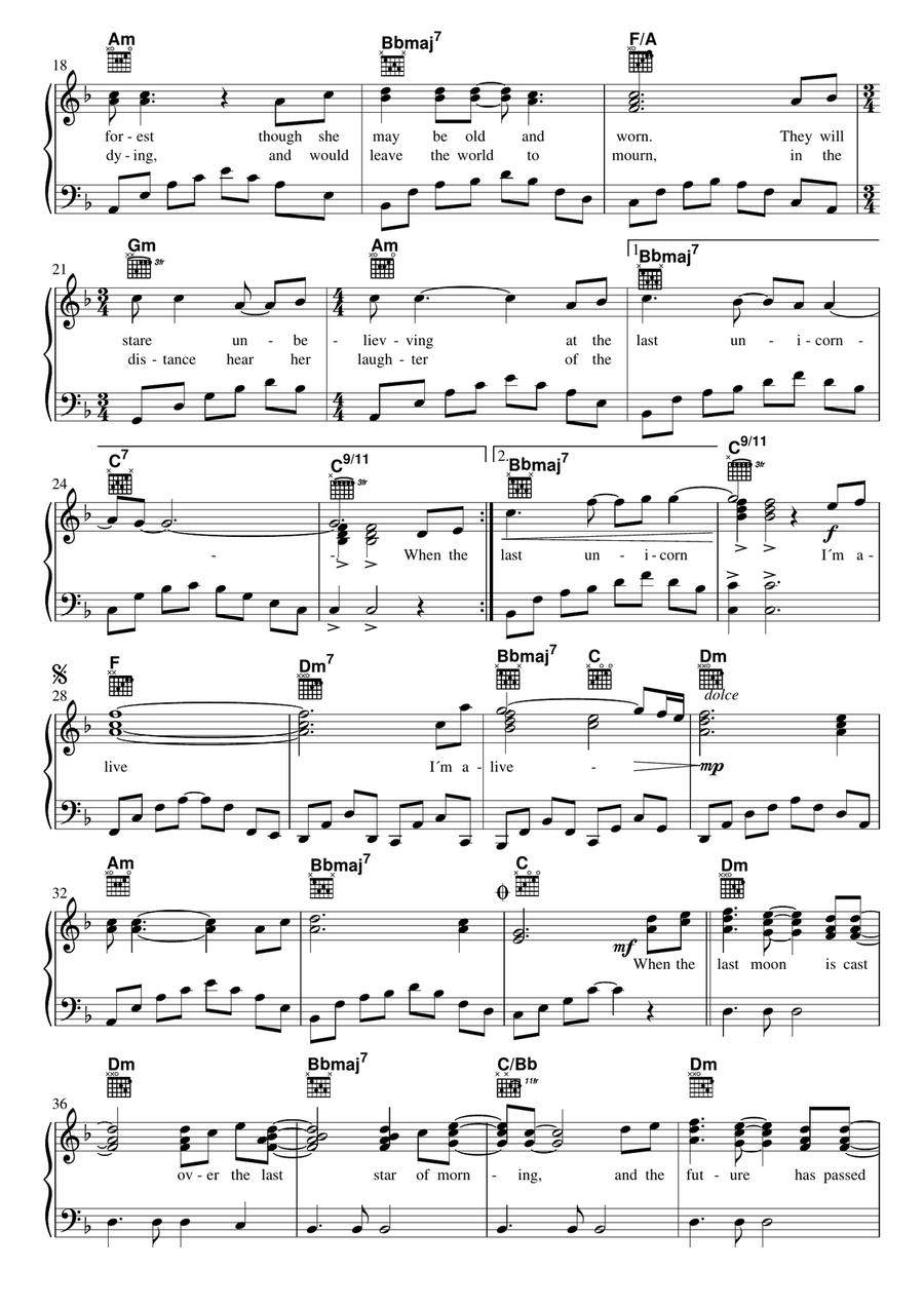 The Last Unicorn (main Theme) Piano, Vocal, Guitar scores gallery preview page 2