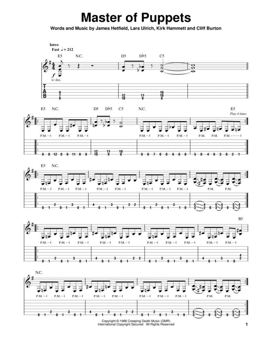 Master Of Puppets Electric Guitar scores gallery preview page 1