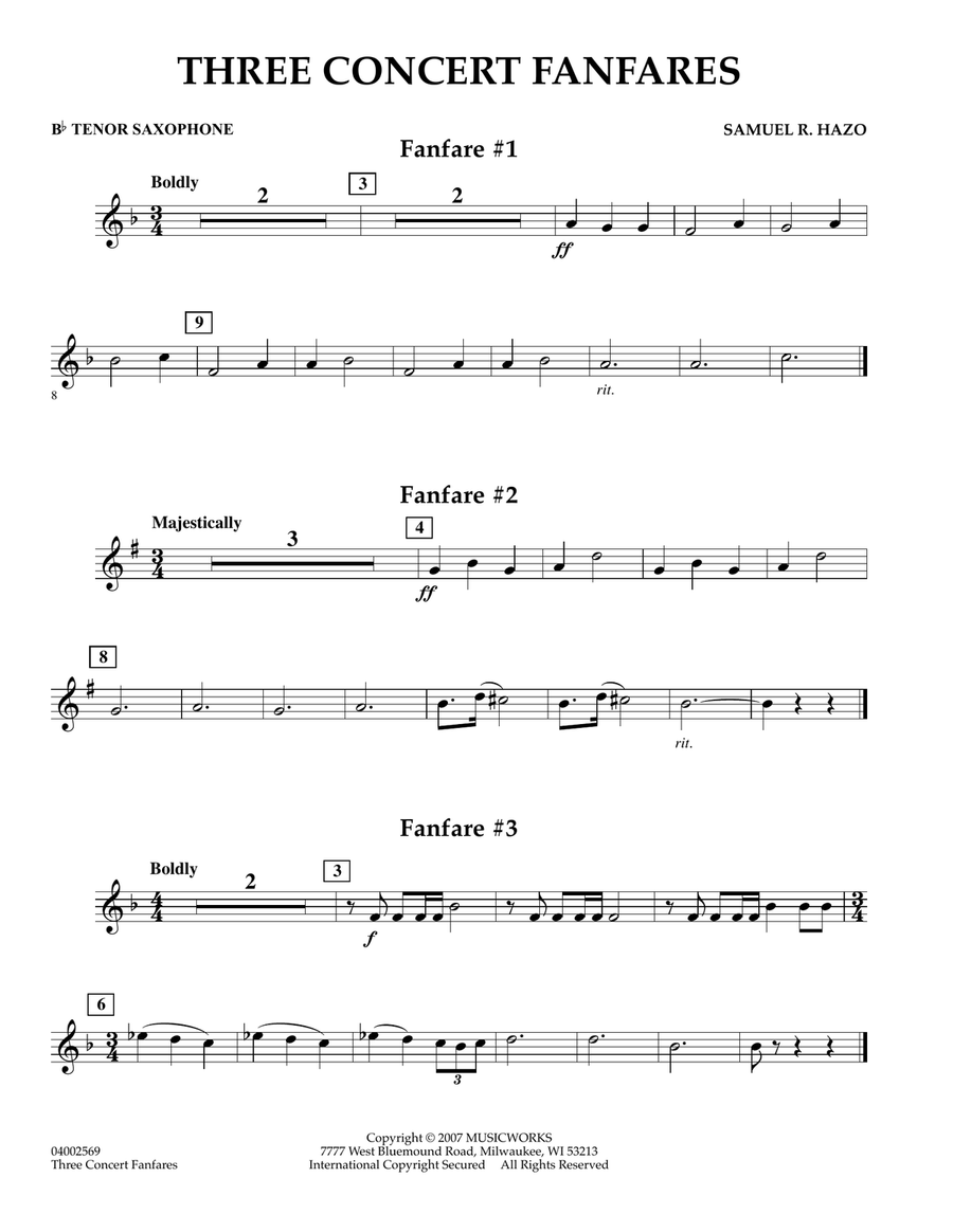 Three Concert Fanfares - Bb Tenor Saxophone Concert Band scores gallery preview page 1