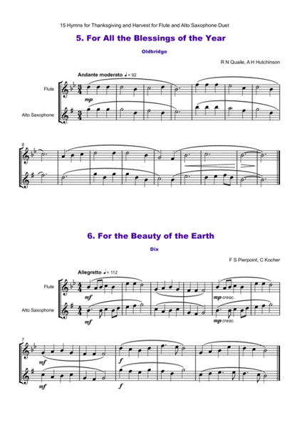 15 Favourite Hymns for Thanksgiving and Harvest for Flute and Alto Saxophone Duet