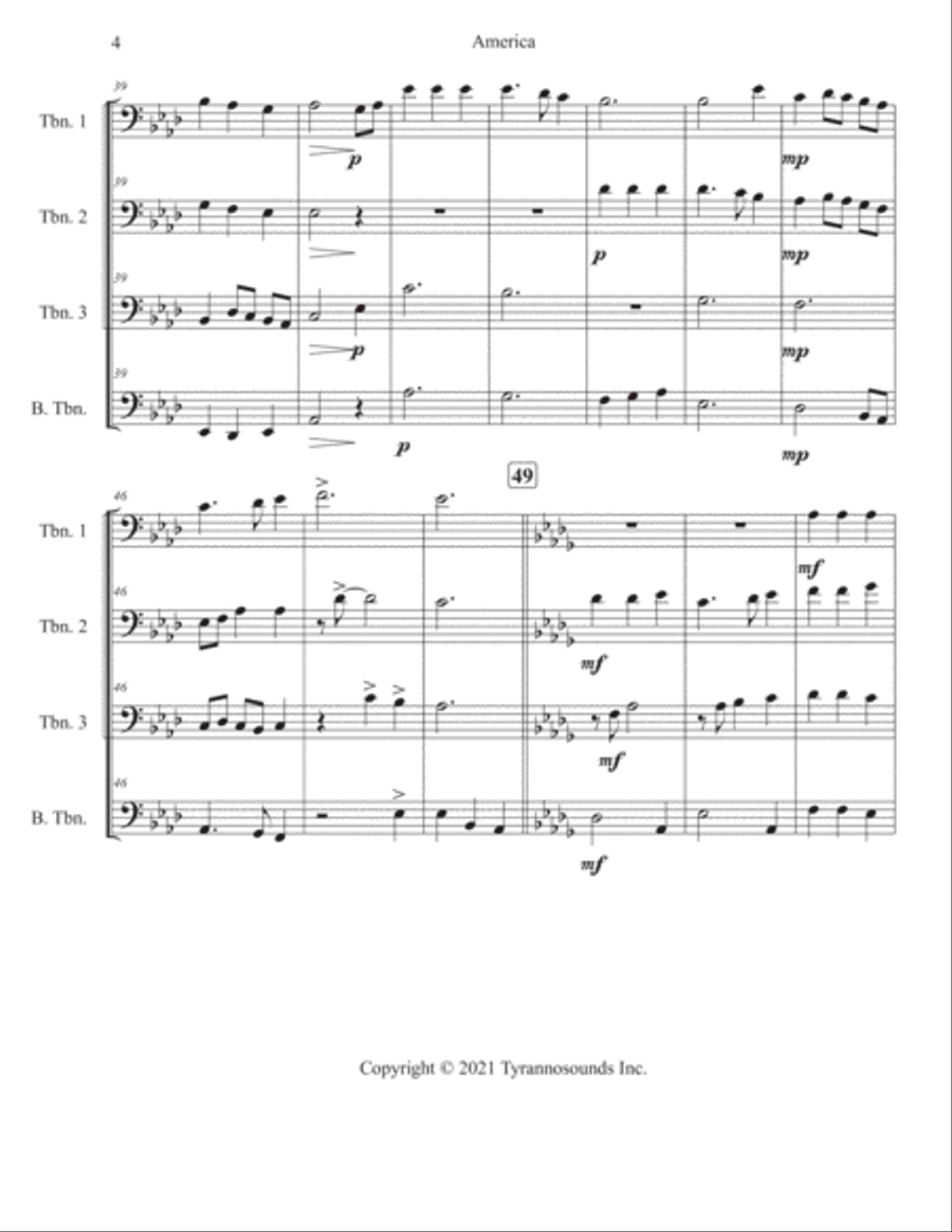 America (My Country Tis Of Thee) - Trombone Quartet Trombone Quartet scores gallery preview page 5