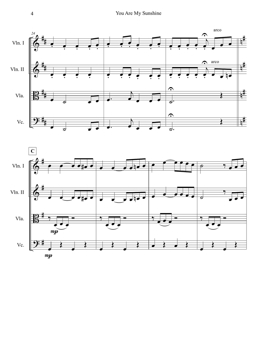 You Are My Sunshine String Quartet scores gallery preview page 4