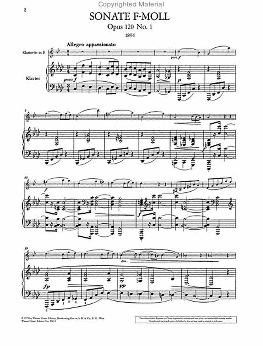 Sonata for Clarinet (or Viola) and piano, F minor, Op. 120, No. 1