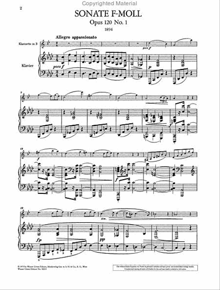 Sonata for Clarinet (or Viola) and piano, F minor, Op. 120, No. 1