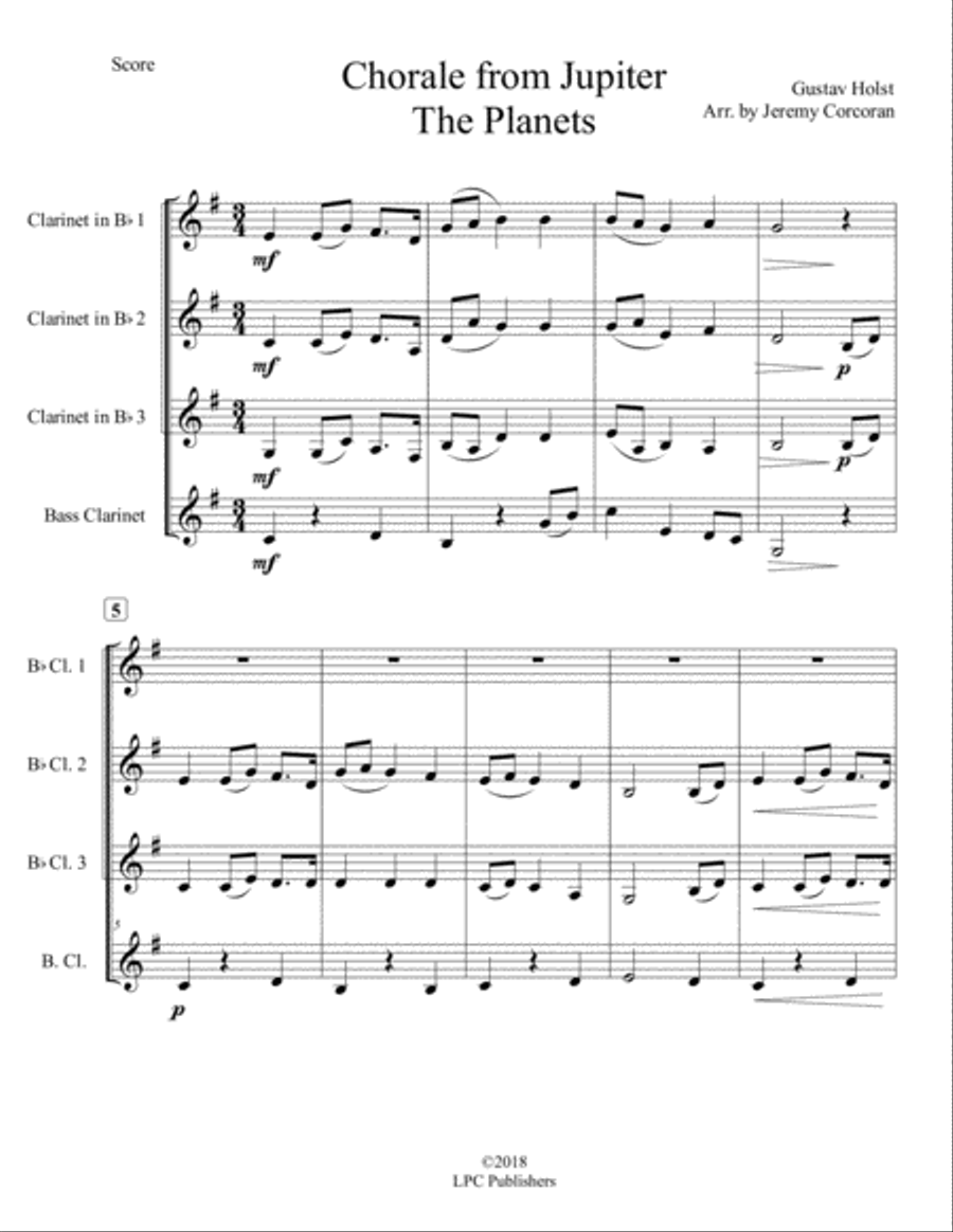 Chorale from Jupiter for Clarinet Quartet Clarinet Quartet scores gallery preview page 2