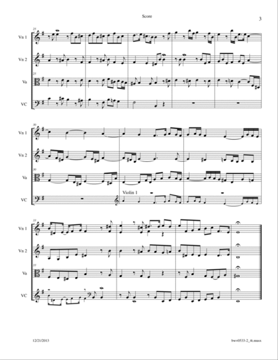 Bach: Fugue BWV 533 in E Minor arr. for String Quartet String Quartet scores gallery preview page 3