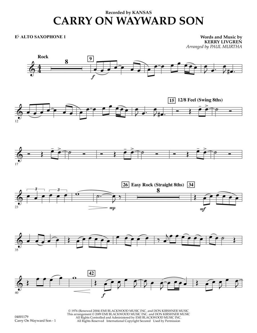Carry On Wayward Son - Eb Alto Saxophone 1 Concert Band scores gallery preview page 1