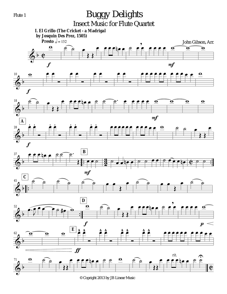 Buggy Delights, Insect Music for Flute Quartet PARTS ONLY Flute Quartet scores gallery preview page 2