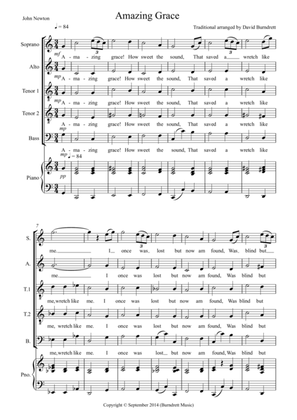 Amazing Grace for Choir (SATTB) and Optional Piano