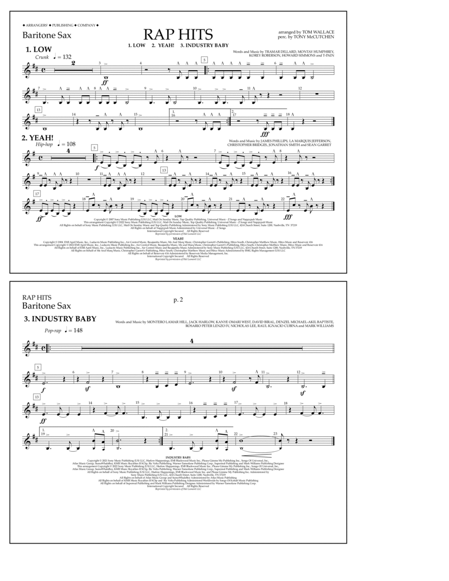 Rap Hits (Low, Yeah!, Industry Baby) - Baritone Sax Marching Band scores gallery preview page 1