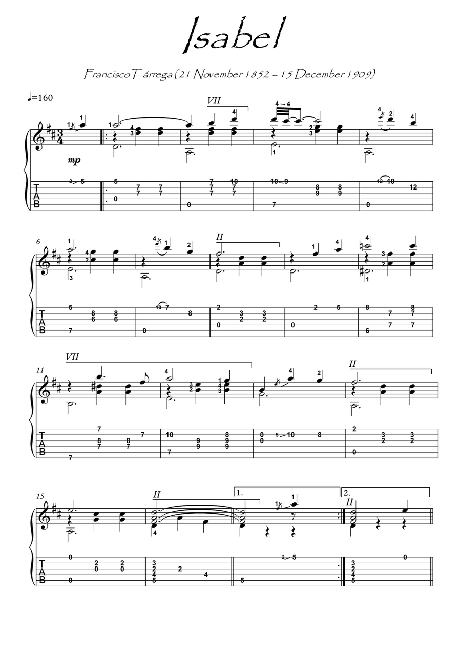 Isabel by Tarrega guitar solo Acoustic Guitar scores gallery preview page 1