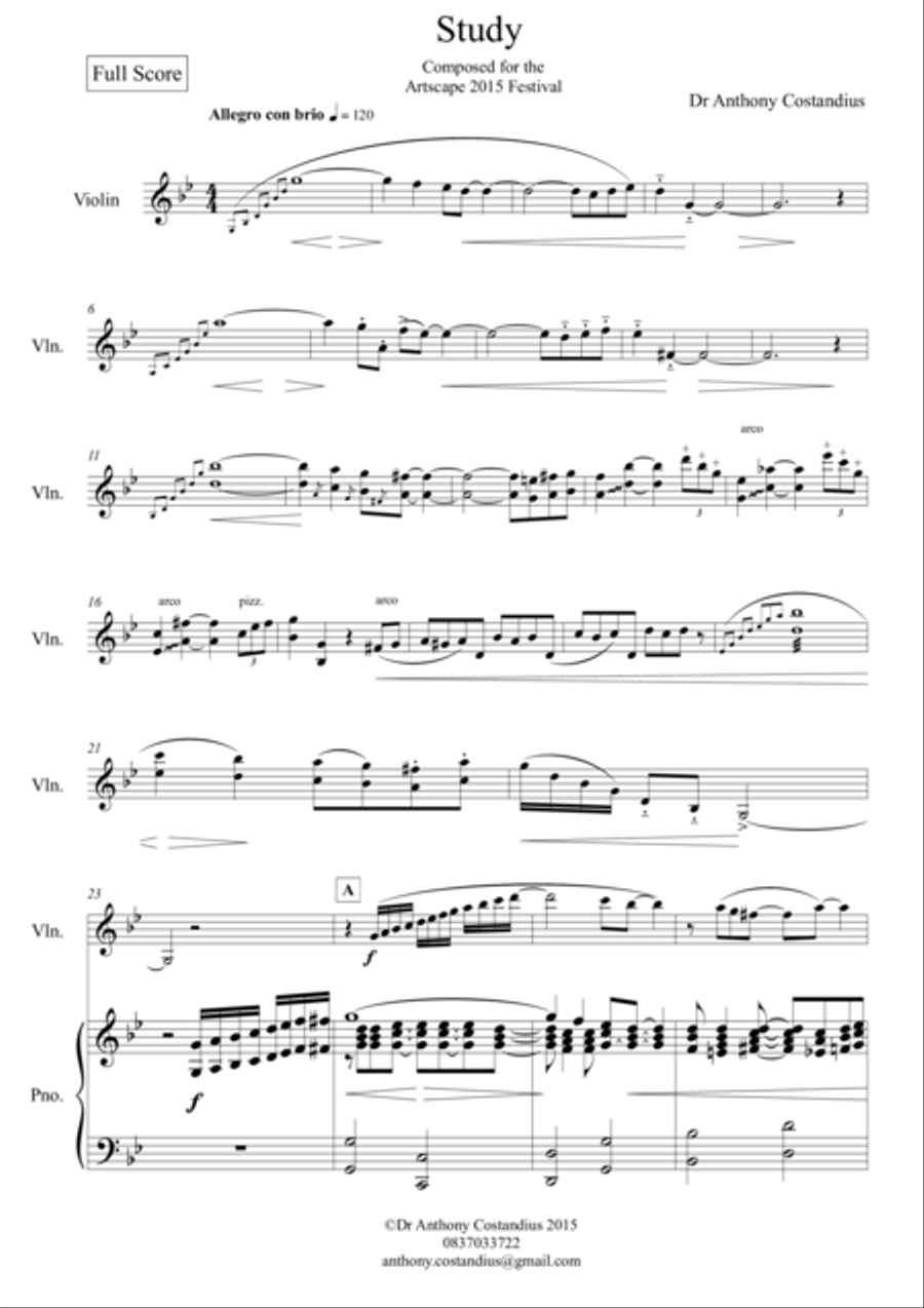 Study - a piece for solo violin and piano Violin Solo scores gallery preview page 1