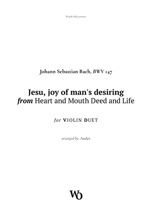 Book cover for Jesu, joy of man's desiring by Bach for Violin Duet
