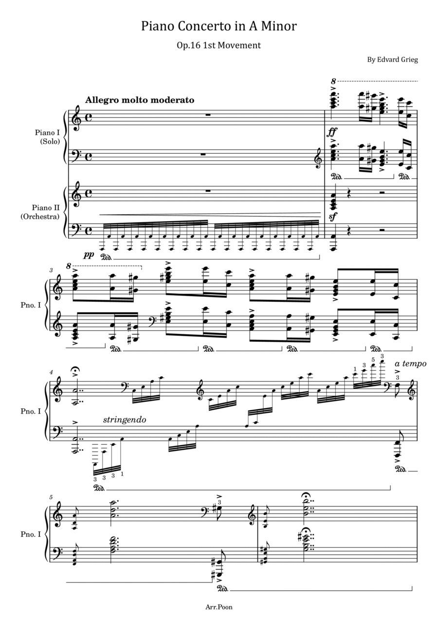 Grieg - Piano Concerto in A Minor - Op.16 1st Movement - For Piano four hands Original With Fingered 1 Piano, 4-Hands scores gallery preview page 1