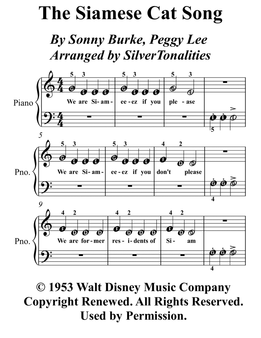 The Siamese Cat Song Easy Piano scores gallery preview page 1